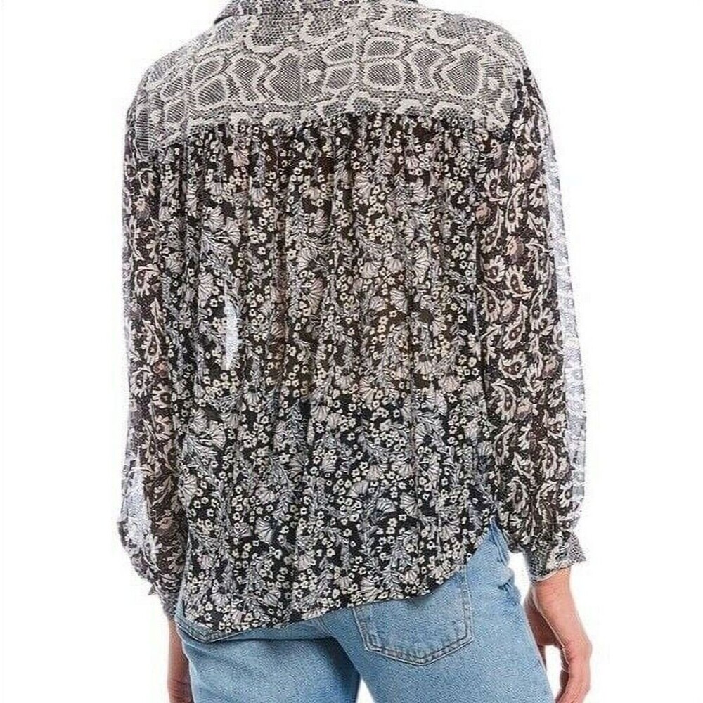 Free People Button Up Blouse Sz M Dani Black Paisley Snakeskin Semi Sheer Shirt